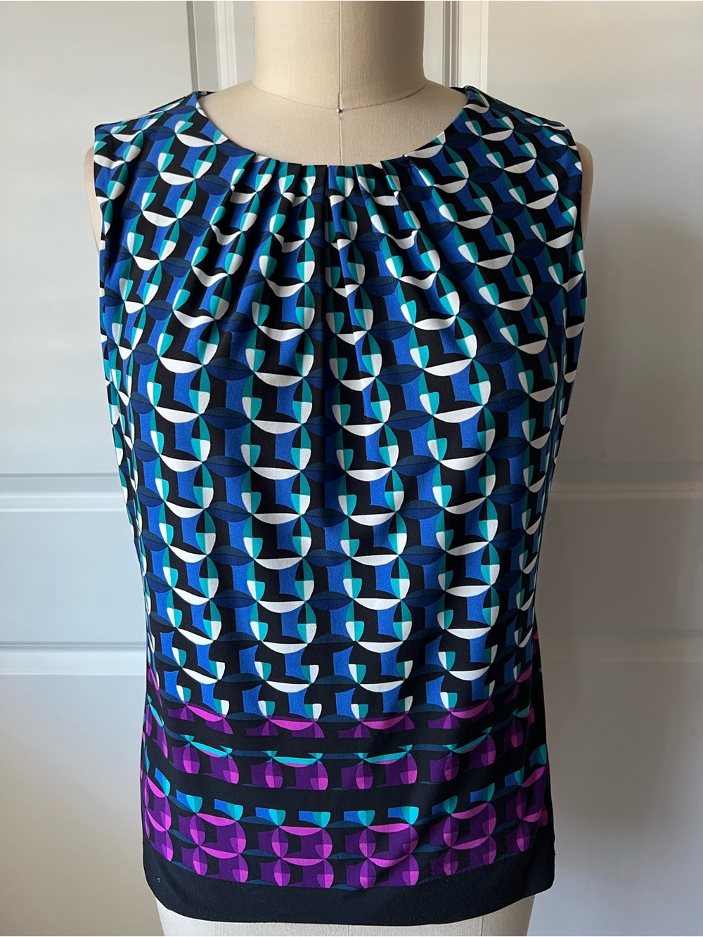 Calvin Klein Sleeveless Geometric Print Shell in Blue, Teal & Purple